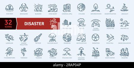 Disaster Icon Pack. Sammlung von Symbolen mit dünnen Linien, die sich auf verschiedene Katastrophen beziehen Stock Vektor