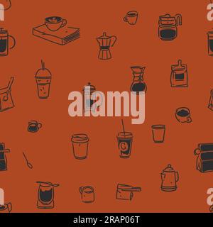 Handgezeichnete Doodle-Kaffeemaschinen nahtloses Muster. Trendige Vektor-Doodle-Illustrationen für das Coffee Shop- und Restaurantmenü. Handgezeichnetes Coffee-Shop-Design Stock Vektor