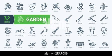 Set Mit Gartensymbolen. Symbole für dünne Linien festgelegt. Einfache Vektorsymbole Stock Vektor