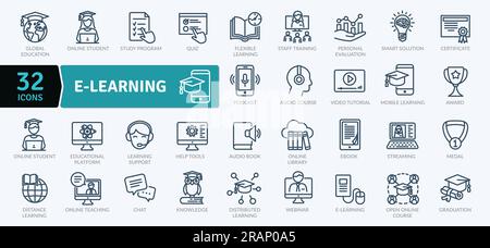 Elektronische Lernsymbole. Symbole für dünne Linien festgelegt. Fernunterricht Kollektion Set. Einfache Vektorsymbole Stock Vektor
