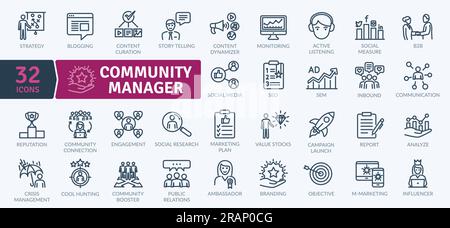 Liste der Symbole für Aufgaben des Community Managers, wie Social Network Management, Datenanalyse oder Work Team Management Stock Vektor