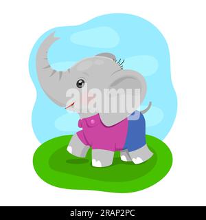 Ein süßer kleiner, fröhlicher Baby-Elefant im Cartoon-Stil in lila Hemden und blauen Shorts Stock Vektor