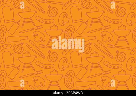 Nahtloses Grillmuster mit Ketchup, Zwiebeln, Pilzen, Bierflasche, Steak, Grillzangen, Würstchen, Grillsymbole - Vektordarstellung Stock Vektor