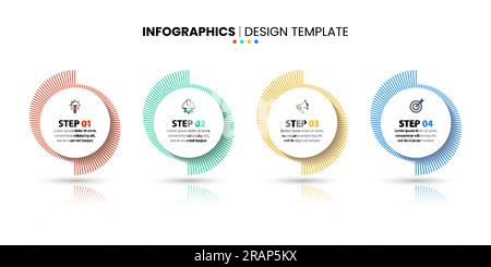 Infografik-Vorlage mit Symbolen und 4 Optionen oder Schritten. Abstrakte Kreise. Kann für Workflow-Layout, Diagramm, Banner, webdesign verwendet werden. Vektor-Illustration Stock Vektor