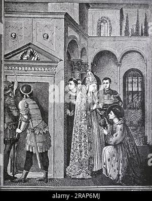 St. Laurence gibt Almosen. Gravur aus dem Leben der Heiligen von Sabin Baring-Gould. St. Laurence oder Lawrence war einer der sieben Diakone der Stadt Rom unter Papst Sixtus II., die bei der Verfolgung der Christen, die der römische Kaiser Valerian 258 befahl, martyriert wurden. Auf diesem Bild sieht man, wie er die Reichtümer der Kirche, die er vor seiner Hinrichtung schnell gesammelt hatte, an die Armen und Bedürftigen verteilt. Stockfoto