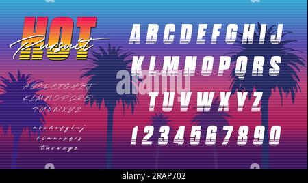 80s inspiriertes Alphabet. Zusammenstellung von Buchstaben und Zahlen unter dem Einfluss von Retro. Schriftzug im Stil von 90s aus LA und Miami. Synthwave-Typographie für Flyer Stock Vektor