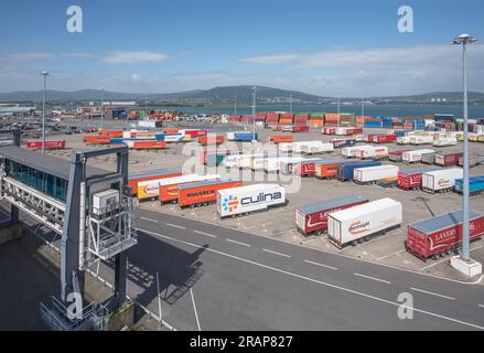 Lastwagenzüge, die am Belfast-Hafen am Fracht- und Passagierterminal warten, werden von Belfast zur Autofähre der Cairn Ryyan Stena-Linie gebracht. Stockfoto