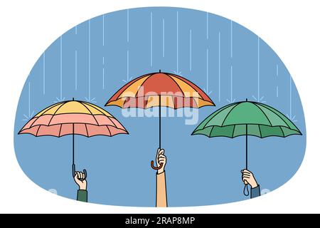 Hände mit bunten Regenschirmen, die sich vor Regen in der Stadt verstecken. Menschen draußen bei regnerischem Wetter. Sturm- und Sicherheitskonzept. Vektorgrafik. Stock Vektor