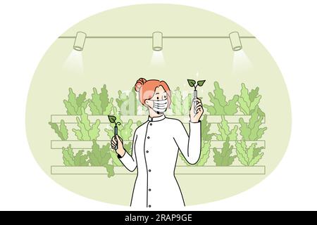 Wissenschaftler in der einheitlichen Arbeit mit Pflanzen im Gewächshaus. Frau pflanzt Gemüse mit Aquaponics-System auf Öko-Farm. Vektorgrafik. Stock Vektor