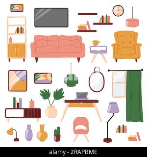 Wohnzimmereinrichtung in flachem Design. Sofa, Sessel, Zimmerpflanzen, Couchtisch, Kerzen, Stuhl, Stehleuchte, Schreibtisch und anderes. Vektordarstellung Stock Vektor