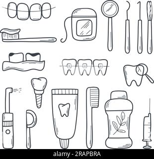 Zahnheilkunde-Set-Symbol. Orale Gesundheitssymbole. Dentalinstrumente, Zahn, Prothesen, Hygieneprodukte, Spülmaschine, Zahnseide, Implantat. Einfaches Symbol Stock Vektor