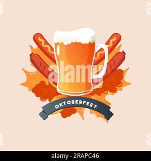 oktoberfest-Emblem Bier, Wurst und Blatthintergrund. Vektordarstellung Stock Vektor