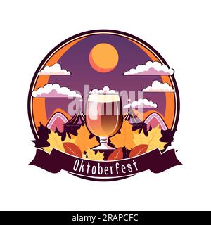 Oktoberfest-Emblem Bier mit Festivalhintergrund, Zelte, Bergflagge. Vektordarstellung. Stock Vektor