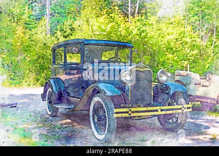 Digital erstelltes Aquarellgemälde eines restaurierten Oldtimers aus den Zwanzigern Stockfoto