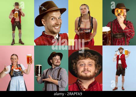 Collage aus verschiedenen jungen Menschen in traditioneller bayerischer Kleidung mit Bier auf mehrfarbigem Hintergrund Stockfoto