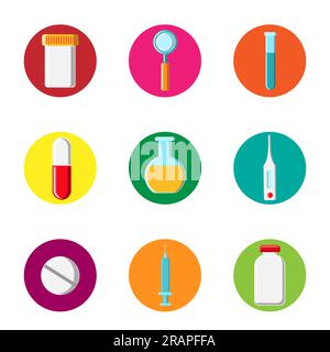 Satz medizinischer Symbole in einem Kreis, medizinische Geräte Gegenstände Pillen, Lupen, Spritzen, Dosen, Thermometer, Kolben, Kapseln auf weißem Hintergrund. Konzept Stock Vektor