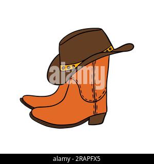 Handgezeichnete Illustration orangefarbener Cowboy Cowgirl Stiefel brauner Hut im westlichen Südwest-Stil. Schwarze Linie mit Ranch-Abenteuer-Design, wilder westamerikanischer Druck, farbenfrohe Cartoon-Schuhe Stockfoto