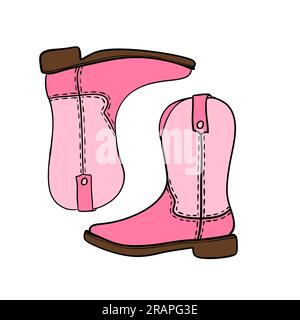 Handgezeichnete Darstellung von pinkfarbenen Cowboy-Cowgirl-Stiefeln im westlichen Südwest-Stil. Schwarze Linie mit Ranch-Abenteuer-Design, wilder westamerikanischer Druck, farbenfrohe Cartoon-Schuhe Stockfoto