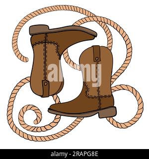 Handgezeichnete Darstellung eines beigefarbenen, braunen Cowboy-Cowgirl-Stiefelseils im westlichen Südwesten. Schwarze Linie mit Ranch-Abenteuer-Design, wilder westamerikanischer Druck, farbenfrohe Cartoon-Schuhe Stockfoto