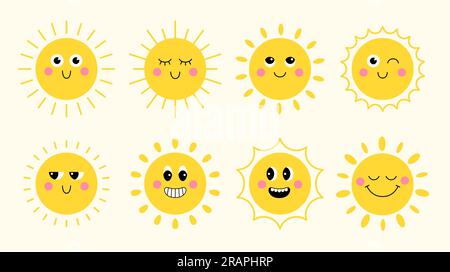 Eine Sammlung von süßen, groovy Cartoon Sun Charakteren. Lustige Gesichter mit leuchtenden Lichtstrahlen in flachem Stil. Vektordarstellung Stock Vektor