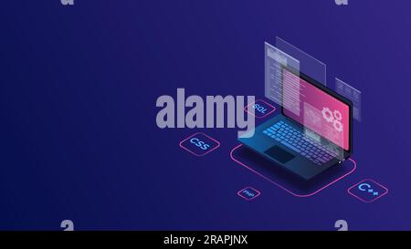 Web-Entwicklung, Programmierung und Code-Tests mit dem Isometric Laptop Stock Vektor