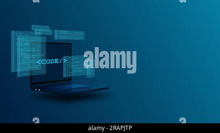 Web-Entwicklung, Codierung, Programmierung, Datenanalyse Laptop mit futuristischer Benutzeroberfläche Stock Vektor
