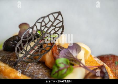 Nahaufnahme einer Schokoladenblattdekoration auf einem Gourmetessen. Gebratener Branzino-Fisch mit Pilzen. Stockfoto