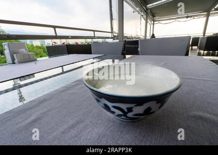 Kamelmilchshubat auf Holzhintergrund. Fermentierte Milchprodukte in einer Schüssel auf dem Tisch in einem Restaurant in Kasachstan. Nationale asiatische Küche Stockfoto