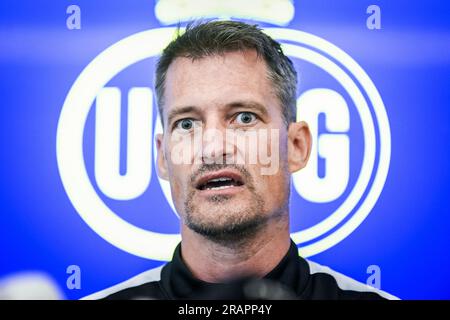 Lier, Belgien. 05. Juli 2023. Der Cheftrainer der Union Alexander Blessin wurde auf einer Pressekonferenz der belgischen Fußballmannschaft Royale Union Saint-Gilloise in der Saison 2023-2024 am Mittwoch, den 05. Juli 2023 in Lier vorgestellt. BELGA FOTO TOM GOYVAERTS Kredit: Belga News Agency/Alamy Live News Stockfoto