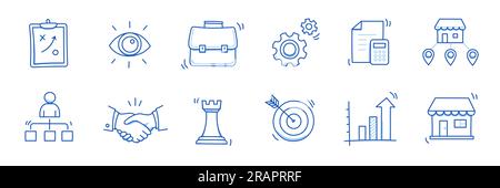 Business sme Doodle-Symbolsatz. Kleine und mittelständische Unternehmen – handgezeichnetes Skizzensymbol. Lokale Partnerschaft, Wirtschaftsstrategie, Franchise-Konzept. Vektordarstellung. Stock Vektor