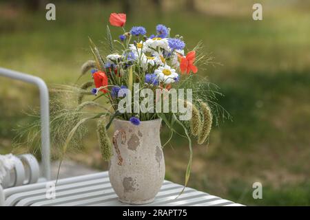 Wilder Blumenstrauß (Cornblumen, Kamillenweizen und Mohn) in Terrakotta-Vase. Wildblumen- und Grassorten. Stockfoto