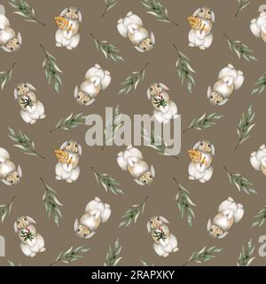 Herbstkaninchen in Aquarellfarben mit nahtlosen Mustern auf pastellbraunem Beige-Hintergrund Stockfoto