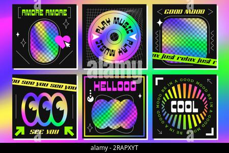 Trendige Social-Media-Postvorlagen mit abstrakten geometrischen Formen, Säureetiketten im Y2K-Stil. Vintage-Banner mit Neonfarben für Fotos oder Texte. Ein Satz holographischer Groovy-Elemente und Symbole. Stock Vektor