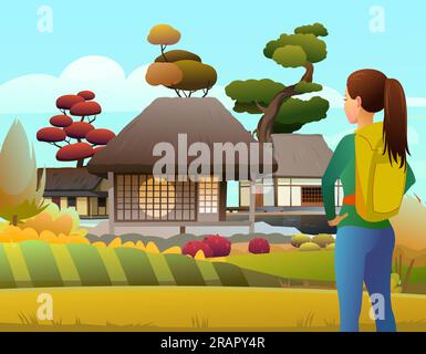 Japanisches Haus. Ein Mädchen mit Rucksack schaut nach vorne. Wunderschöner Garten und Obstgarten. Cartoon-Style. Vektor Stock Vektor