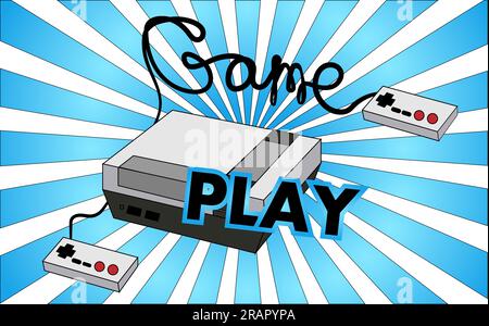 Alte alte Retro-Hipster-Spielekonsole für Videospiele mit Joysticks und Gameplay vor dem Hintergrund der 70er, 80er und 90er Jahre. Der Hintergrund. Stock Vektor