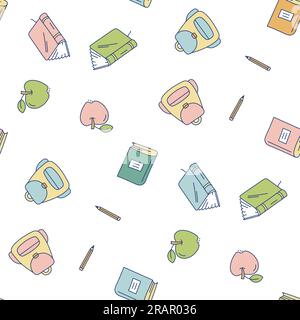 Back to School Cute Nahtloses Muster, Hintergrund für Schulbedarf. Vektorgrafik in Doodle, einfacher Linienart Stock Vektor