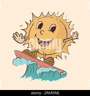 Surfsonnenmaskottchen. Tropische Atmosphäre. Vektordarstellung des Sonnenmaskottchens Stock Vektor