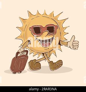 Lächeln Sie die Sonne und tragen Sie Sonnenglas und Koffer bereit für den Urlaub. Tropische Atmosphäre. Vektordarstellung des Sonnenmaskottchens Stock Vektor