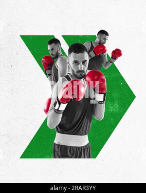 Junger Sportler, professioneller Boxer in Handschuhen, Training auf abstraktem Hintergrund. Stärke. Collage für zeitgenössische Kunst. Stockfoto