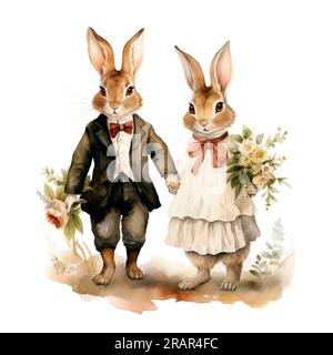 Süße Cartoon-Hasen, Hochzeitspaar von Hasen. Aquarelle Illustration im viktorianischen Vintage-Stil. Hüttenkern Stockfoto