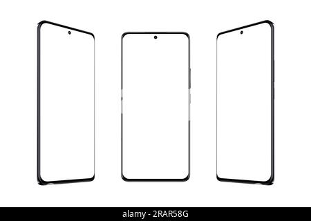 Modernes Smartphone mit dünnen und runden Kanten und isoliertem Bildschirm und Hintergrund. Präsentation in drei Positionen. Bildschirmmodell für App-Präsentation Stockfoto