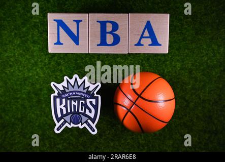 30. Januar 2023, Springfield, USA. Das Emblem des Sacramento Kings National Basketball Association Club auf dem grünen Rasen des Stadions. Stockfoto