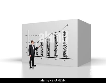 Der Geschäftsmann zeigt auf den Zeiger, um eine Grafik an der Wand anzuzeigen Stockfoto