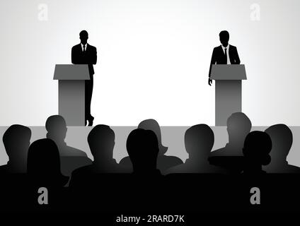 Silhouettendarstellung zweier Männerfigur, die auf dem Podium debattiert Stock Vektor