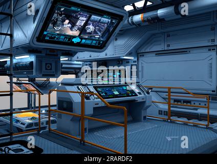 3D-Digitaldarstellung einer Science-Fiction-Kabine Stockfoto
