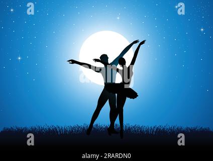 Silhouettendarstellung eines Paares, das Ballett unter Vollmond tanzt Stock Vektor