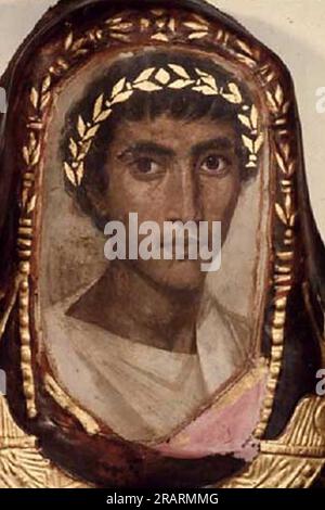 Fayum-Mumie-Porträt. Detail aus dem Mumienfall von Artemidorus dem Jüngeren, einem Griechen, der sich während der Römerzeit 100 in Theben, Ägypten, niedergelassen hatte, von Fayum Portrait Stockfoto