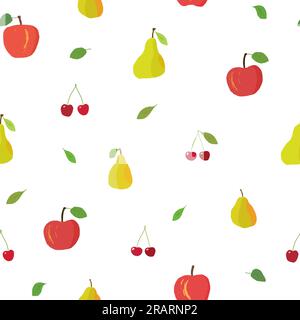 Nahtloses Fruchtmuster. Hintergrund: Vektorfruchtmischung. Nahtlose Struktur für modische Textilien. Äpfel, Birnen und Kirschen im Cartoon-Stil. Stock Vektor