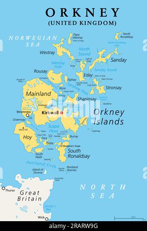 Orkney oder Orkney-Inseln, politische Karte. Inselgruppe auf den nördlichen Inseln Schottlands vor der Küste der Insel Großbritannien. Stockfoto