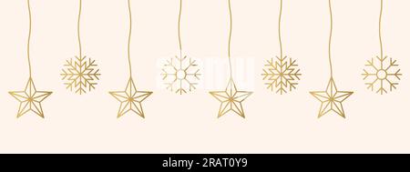 Hängende weihnachtsdekorationen in Gold: Sterne und Schneeflocken - Vektordarstellung Stock Vektor